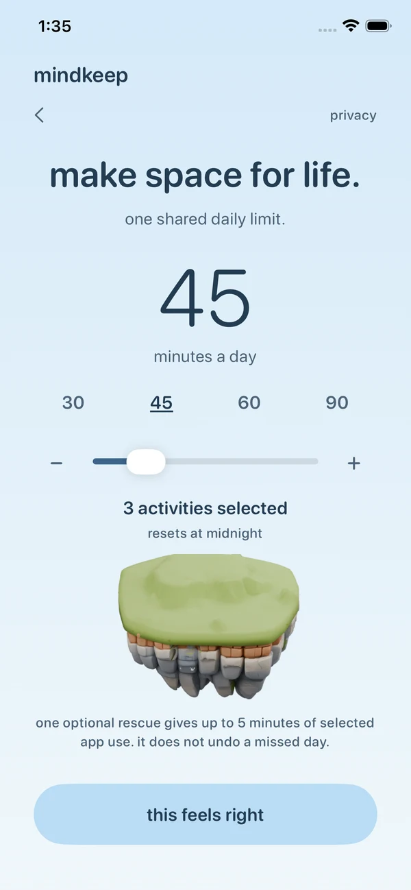 Mindkeep’s allowance screen, showing an example of a 45-minute daily allowance.