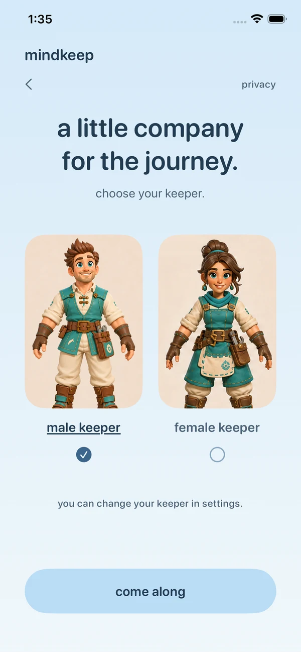 Mindkeep’s Keeper selection screen with two characters to choose from.