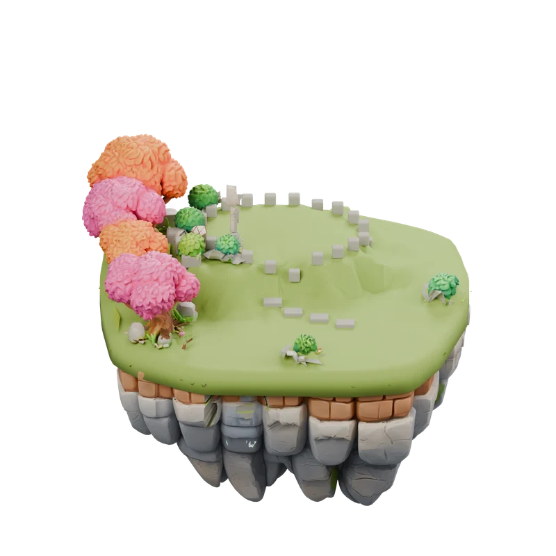 An island growing with blossom trees and a stone path.