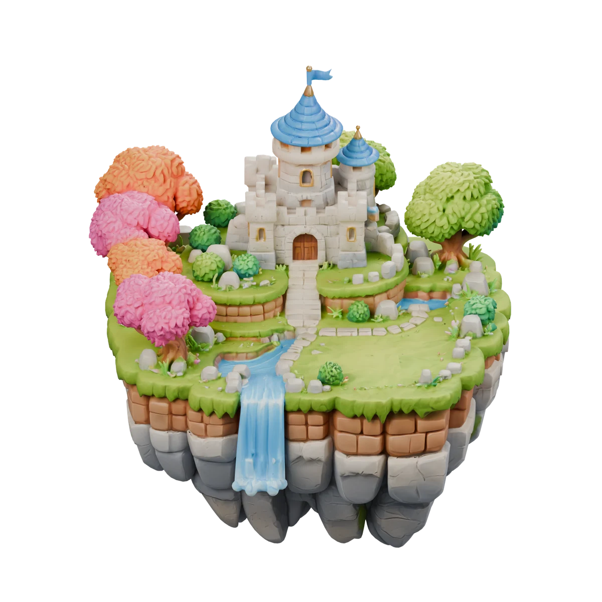 A floating island with a blue-roofed castle, blossom trees, and a waterfall.